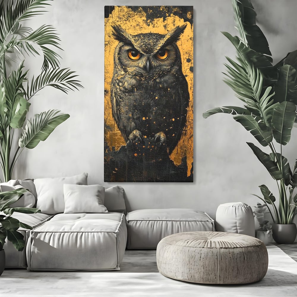 Tablou canvas cu tablou canvas cu bufnita neagra si fundal auriu, fara rama, pe sasiu de lemn, pe perete intr-un living